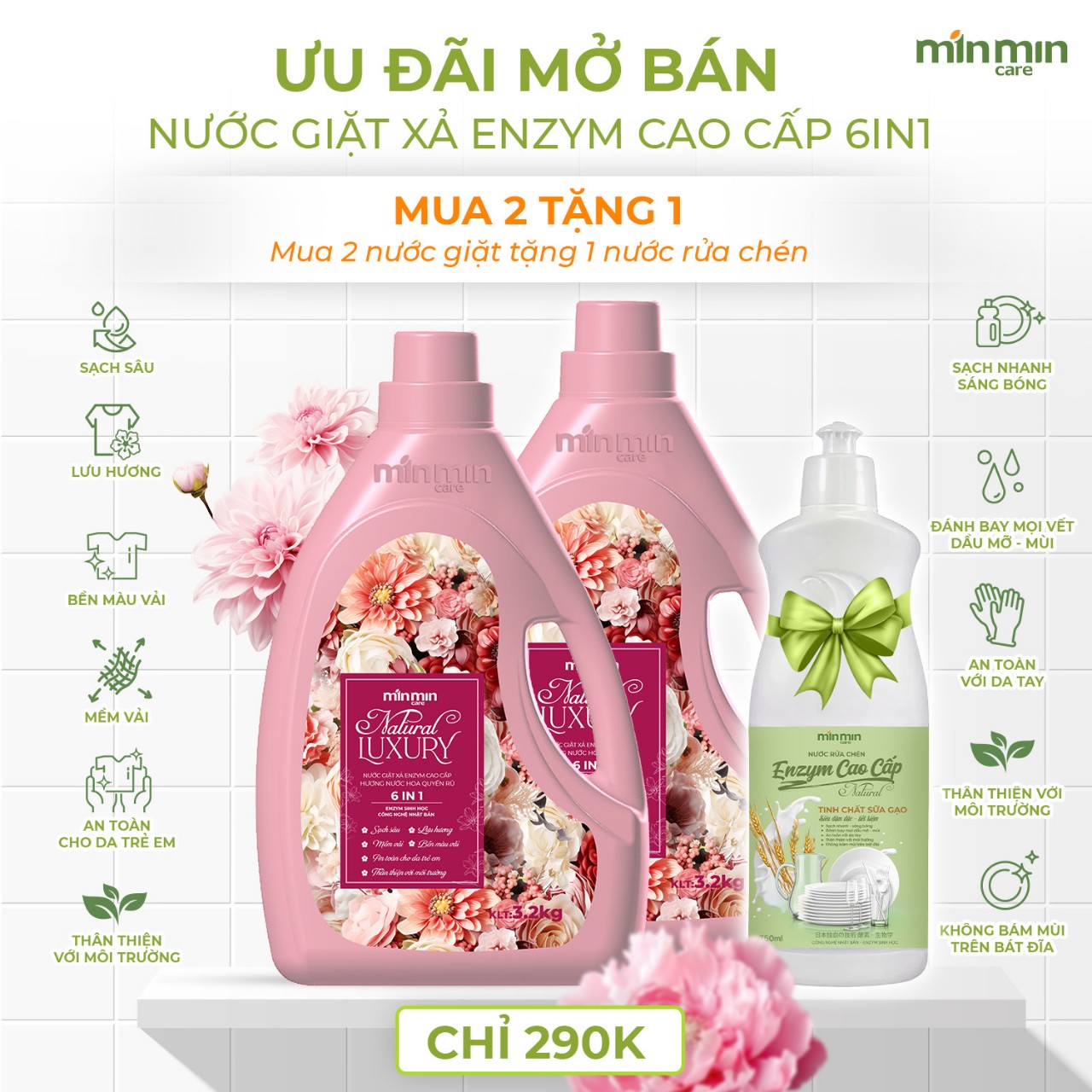 2 Can 6,4kg Nước Giặt Xả Luxury Min Min Care Hương Nước Hoa Quyến Rủ Màu Hồng +Tặng Nước Rửa Bát 750Ml