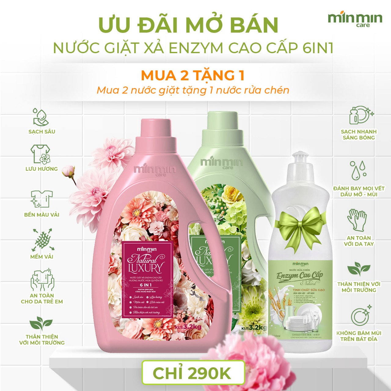 2 Can 6,4kg Nước Giặt Xả Luxury Min Min Care Mix 2 Màu Xanh và Màu Hồng +Tặng Nước Rửa Bát 750Ml