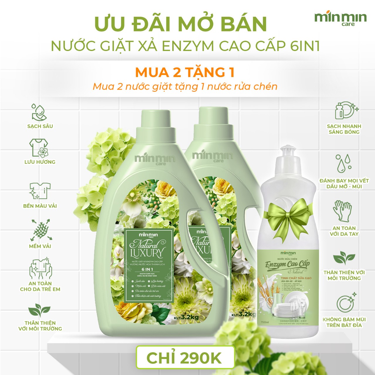 2 Can 6,4kg Nước Giặt Xả Luxury Min Min Care Hương Nước Hoa Thanh Lịch Màu Xanh +Tặng Nước Rửa Bát 750Ml