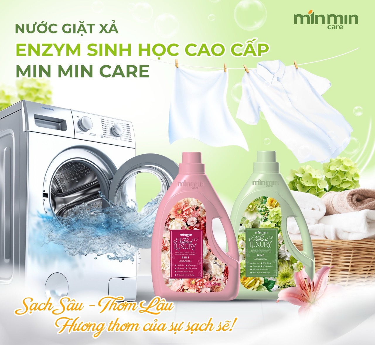 Nước giặt xả  Min Min enzym sinh học 6in1 - sạch, an toàn, lưu hương, thân thiện môi trường 